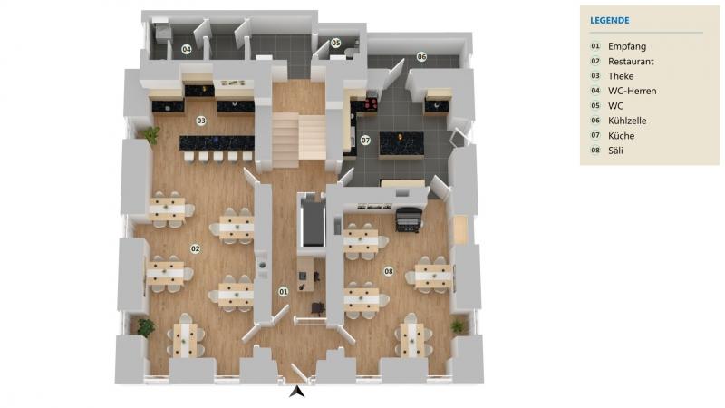 Plan 3D Erdgeschoss - 2 appartements Immeuble mixte à Varen