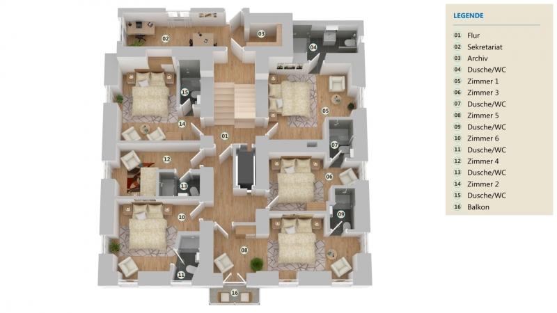 Grundriss 3D 1. OG - 2 appartements Immeuble mixte à Varen