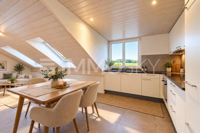 Cuisine moderne et vue sur la nature (homestaging) - 2.5 pièces Appartement en attique a Sugnens